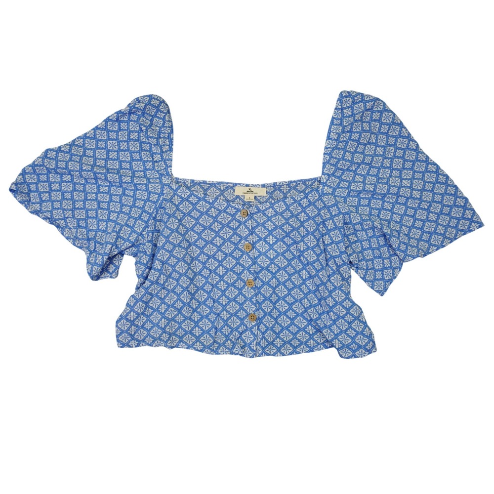 Rip Curl Top Women L Blue San Carlos Button Through Flutter Sleeve Crop Boho